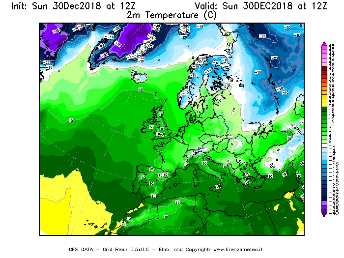 Mappa di analisi GFS - Temperatura a 2 metri dal suolo [°C] in Europa
							del 30/12/2018 12 <!--googleoff: index-->UTC<!--googleon: index-->