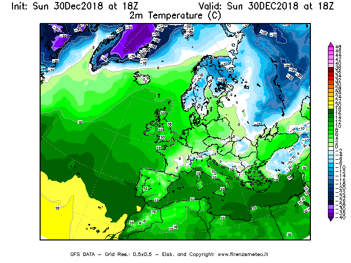 Mappa di analisi GFS - Temperatura a 2 metri dal suolo [°C] in Europa
							del 30/12/2018 18 <!--googleoff: index-->UTC<!--googleon: index-->