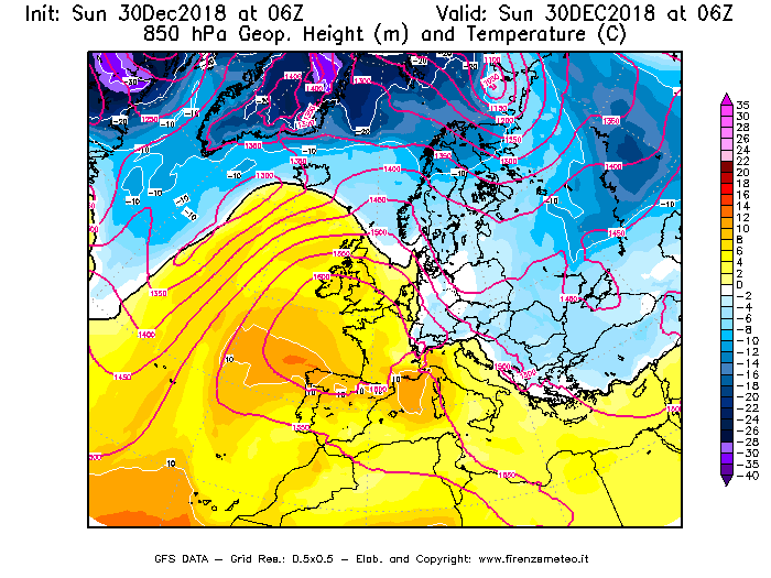 Mappa di analisi GFS - Geopotenziale [m] e Temperatura [°C] a 850 hPa in Europa
							del 30/12/2018 06 <!--googleoff: index-->UTC<!--googleon: index-->