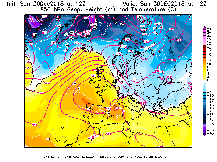 Mappa di analisi GFS - Geopotenziale [m] e Temperatura [°C] a 850 hPa in Europa
							del 30/12/2018 12 <!--googleoff: index-->UTC<!--googleon: index-->