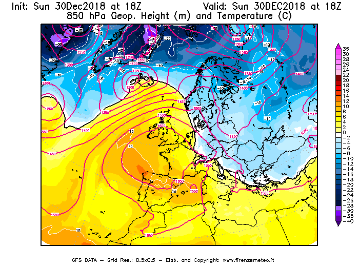 Mappa di analisi GFS - Geopotenziale [m] e Temperatura [°C] a 850 hPa in Europa
							del 30/12/2018 18 <!--googleoff: index-->UTC<!--googleon: index-->