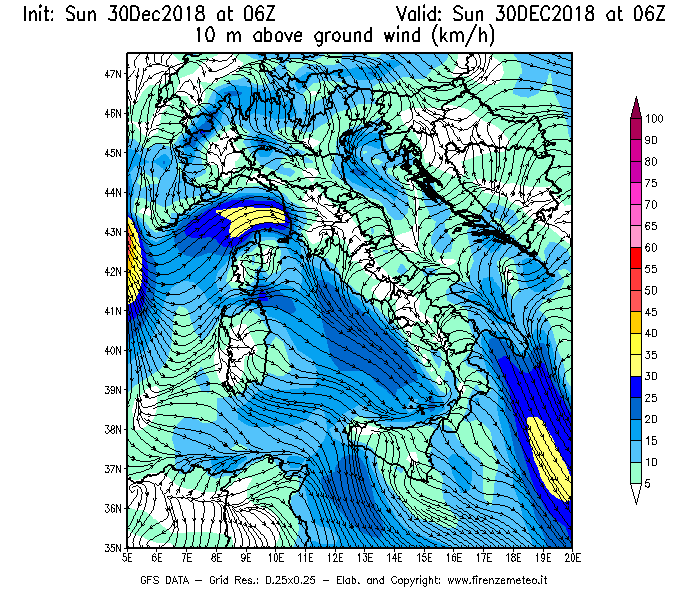 Mappa di analisi GFS - Velocità del vento a 10 metri dal suolo [km/h] in Italia
							del 30/12/2018 06 <!--googleoff: index-->UTC<!--googleon: index-->