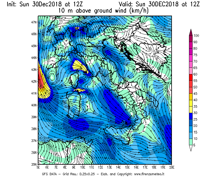 Mappa di analisi GFS - Velocità del vento a 10 metri dal suolo [km/h] in Italia
							del 30/12/2018 12 <!--googleoff: index-->UTC<!--googleon: index-->