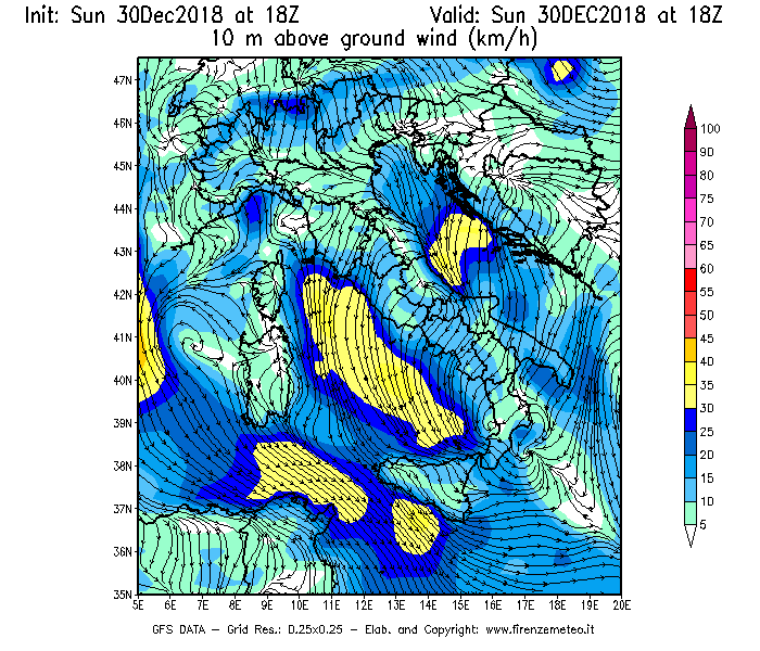 Mappa di analisi GFS - Velocità del vento a 10 metri dal suolo [km/h] in Italia
							del 30/12/2018 18 <!--googleoff: index-->UTC<!--googleon: index-->