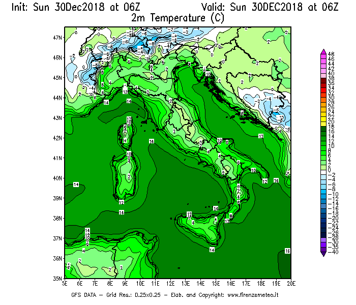 Mappa di analisi GFS - Temperatura a 2 metri dal suolo [°C] in Italia
							del 30/12/2018 06 <!--googleoff: index-->UTC<!--googleon: index-->