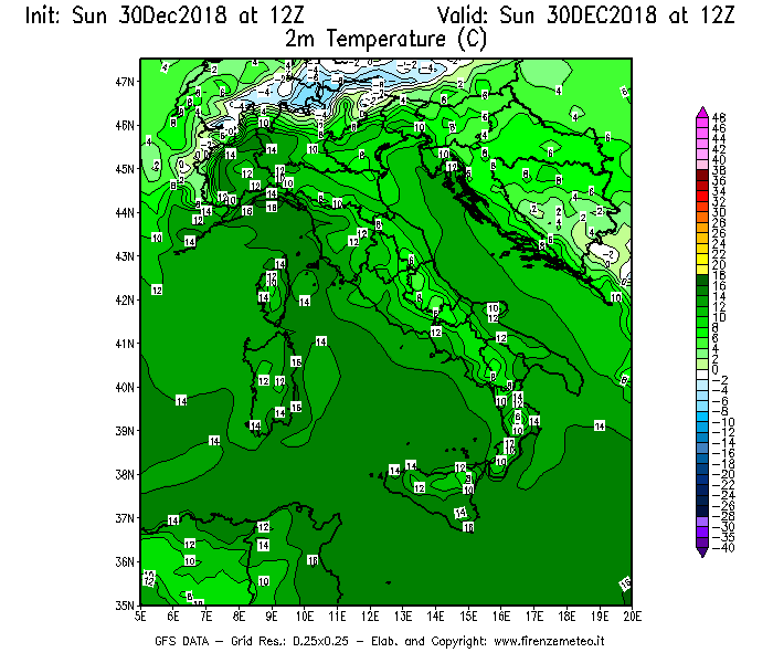 Mappa di analisi GFS - Temperatura a 2 metri dal suolo [°C] in Italia
							del 30/12/2018 12 <!--googleoff: index-->UTC<!--googleon: index-->