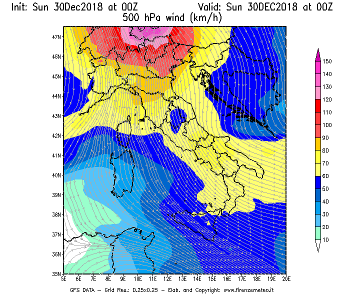 Mappa di analisi GFS - Velocità del vento a 500 hPa [km/h] in Italia
							del 30/12/2018 00 <!--googleoff: index-->UTC<!--googleon: index-->