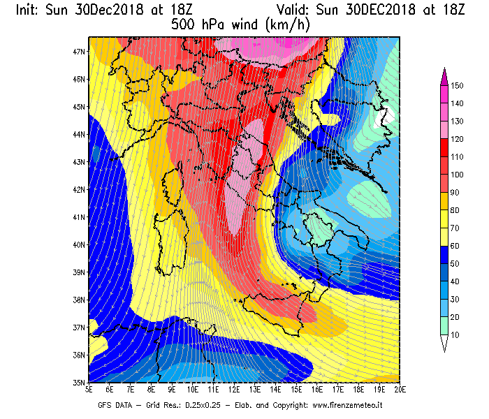 Mappa di analisi GFS - Velocità del vento a 500 hPa [km/h] in Italia
							del 30/12/2018 18 <!--googleoff: index-->UTC<!--googleon: index-->