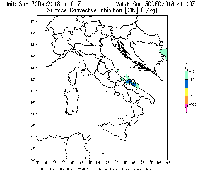 Mappa di analisi GFS - CIN [J/kg] in Italia
							del 30/12/2018 00 <!--googleoff: index-->UTC<!--googleon: index-->