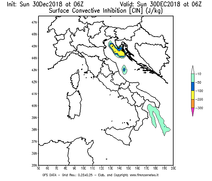 Mappa di analisi GFS - CIN [J/kg] in Italia
							del 30/12/2018 06 <!--googleoff: index-->UTC<!--googleon: index-->