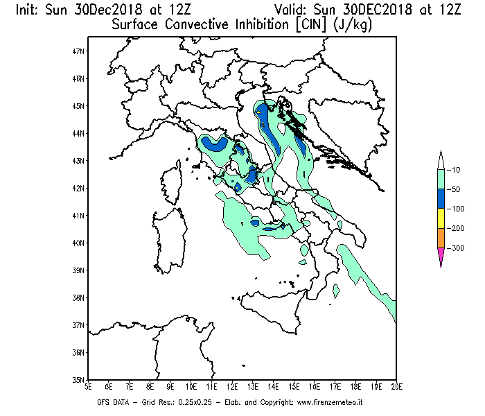 Mappa di analisi GFS - CIN [J/kg] in Italia
							del 30/12/2018 12 <!--googleoff: index-->UTC<!--googleon: index-->