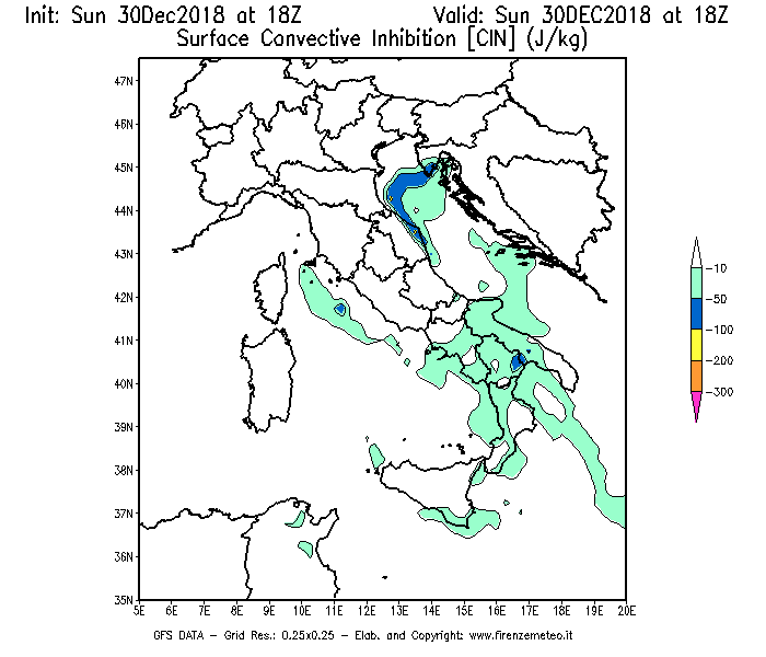 Mappa di analisi GFS - CIN [J/kg] in Italia
							del 30/12/2018 18 <!--googleoff: index-->UTC<!--googleon: index-->