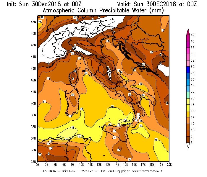 Mappa di analisi GFS - Precipitable Water [mm] in Italia
							del 30/12/2018 00 <!--googleoff: index-->UTC<!--googleon: index-->