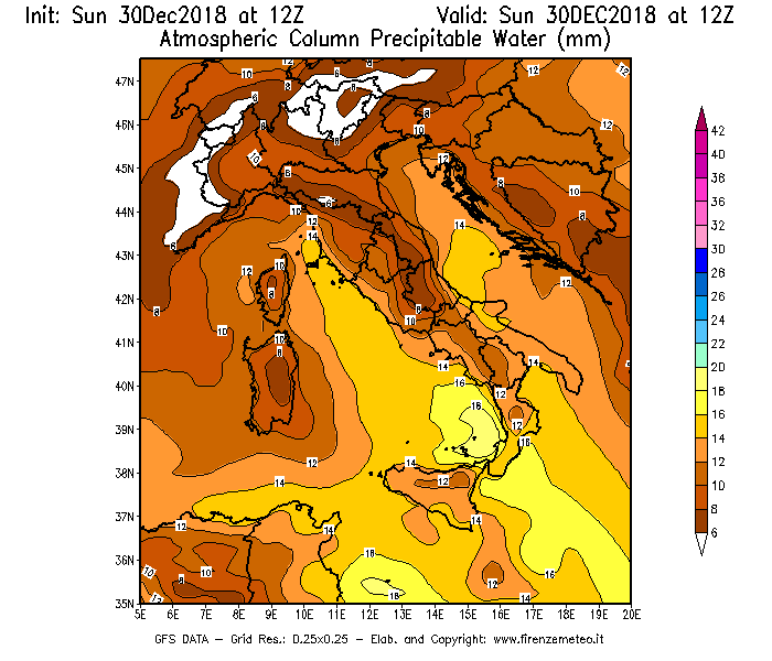 Mappa di analisi GFS - Precipitable Water [mm] in Italia
							del 30/12/2018 12 <!--googleoff: index-->UTC<!--googleon: index-->