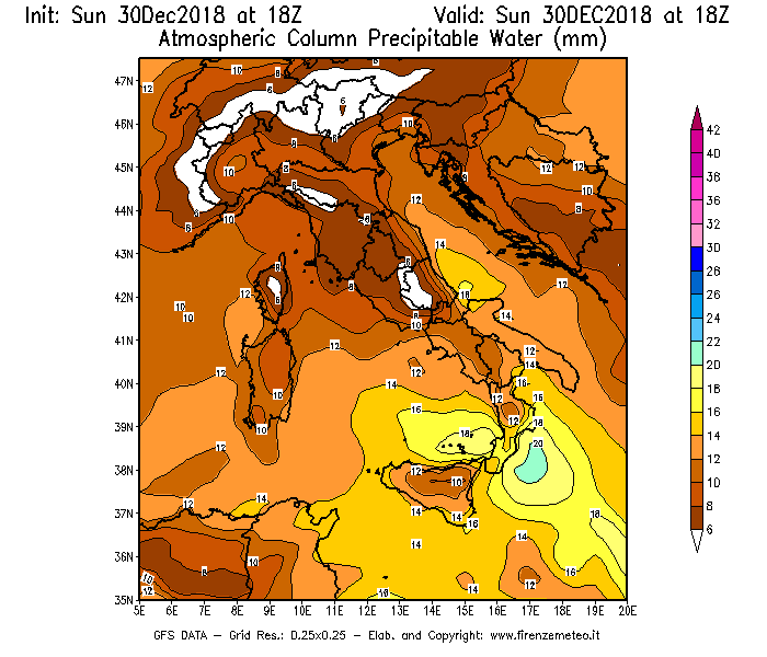 Mappa di analisi GFS - Precipitable Water [mm] in Italia
							del 30/12/2018 18 <!--googleoff: index-->UTC<!--googleon: index-->