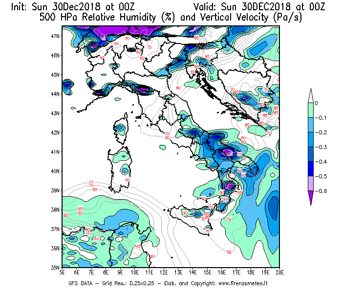 Mappa di analisi GFS - Umidità relativa [%] e Omega [Pa/s] a 500 hPa in Italia
							del 30/12/2018 00 <!--googleoff: index-->UTC<!--googleon: index-->
