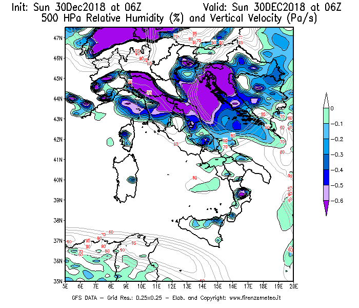 Mappa di analisi GFS - Umidità relativa [%] e Omega [Pa/s] a 500 hPa in Italia
							del 30/12/2018 06 <!--googleoff: index-->UTC<!--googleon: index-->