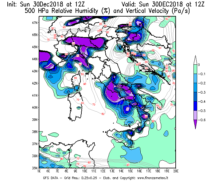 Mappa di analisi GFS - Umidità relativa [%] e Omega [Pa/s] a 500 hPa in Italia
							del 30/12/2018 12 <!--googleoff: index-->UTC<!--googleon: index-->