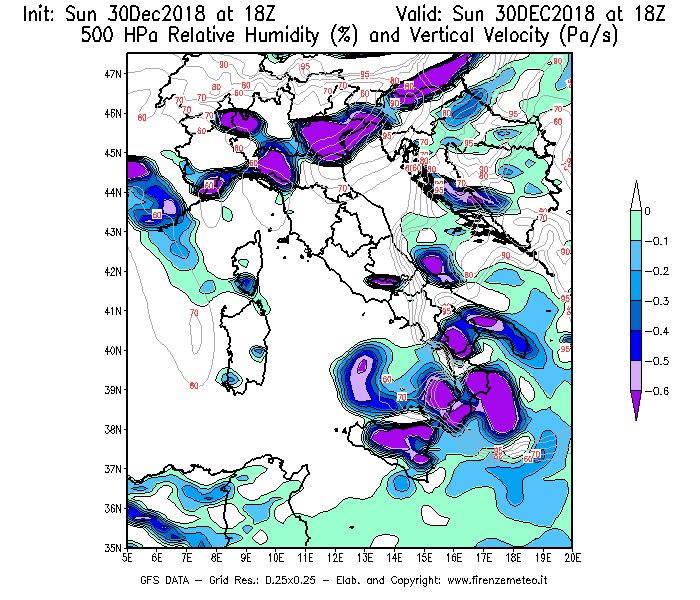 Mappa di analisi GFS - Umidità relativa [%] e Omega [Pa/s] a 500 hPa in Italia
							del 30/12/2018 18 <!--googleoff: index-->UTC<!--googleon: index-->