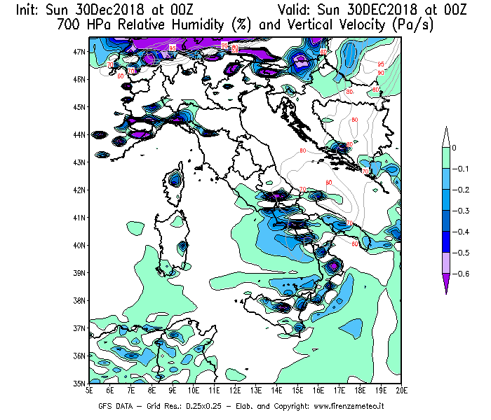 Mappa di analisi GFS - Umidità relativa [%] e Omega [Pa/s] a 700 hPa in Italia
							del 30/12/2018 00 <!--googleoff: index-->UTC<!--googleon: index-->