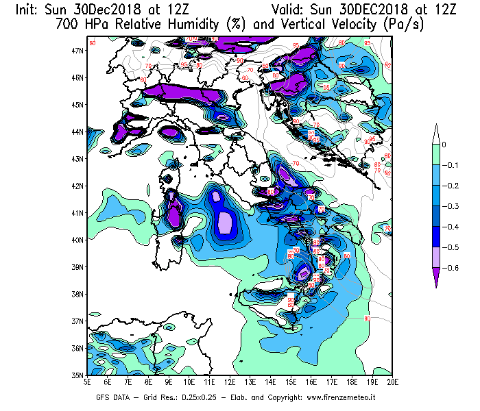 Mappa di analisi GFS - Umidità relativa [%] e Omega [Pa/s] a 700 hPa in Italia
							del 30/12/2018 12 <!--googleoff: index-->UTC<!--googleon: index-->