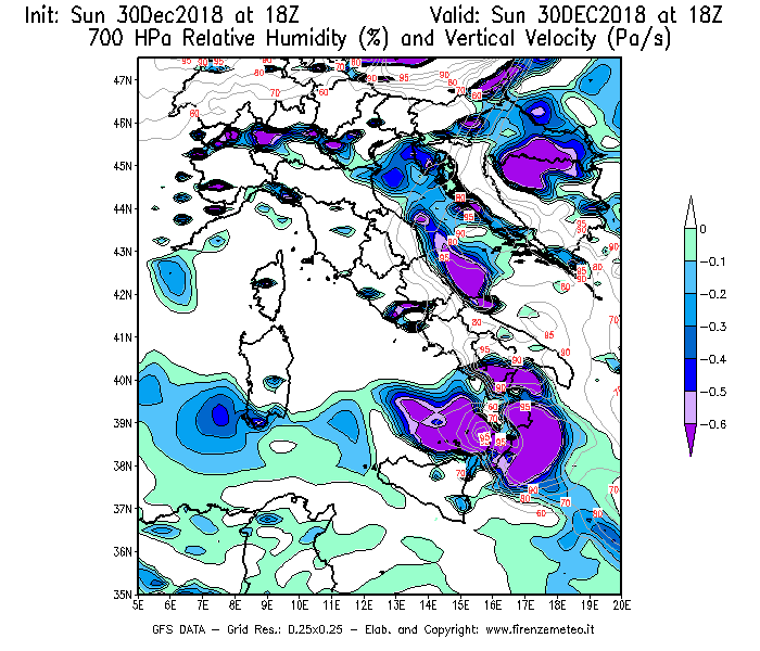 Mappa di analisi GFS - Umidità relativa [%] e Omega [Pa/s] a 700 hPa in Italia
							del 30/12/2018 18 <!--googleoff: index-->UTC<!--googleon: index-->