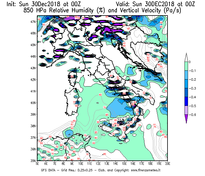 Mappa di analisi GFS - Umidità relativa [%] e Omega [Pa/s] a 850 hPa in Italia
							del 30/12/2018 00 <!--googleoff: index-->UTC<!--googleon: index-->