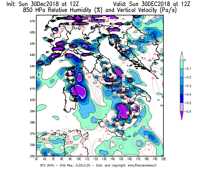 Mappa di analisi GFS - Umidità relativa [%] e Omega [Pa/s] a 850 hPa in Italia
							del 30/12/2018 12 <!--googleoff: index-->UTC<!--googleon: index-->