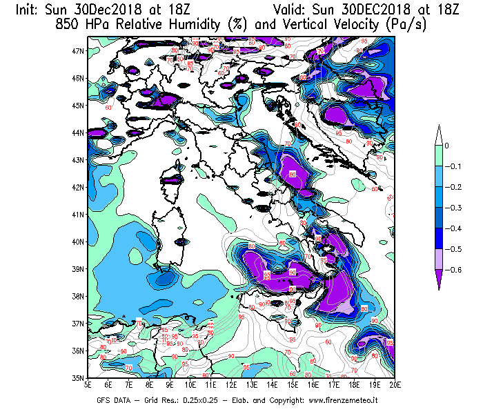 Mappa di analisi GFS - Umidità relativa [%] e Omega [Pa/s] a 850 hPa in Italia
							del 30/12/2018 18 <!--googleoff: index-->UTC<!--googleon: index-->