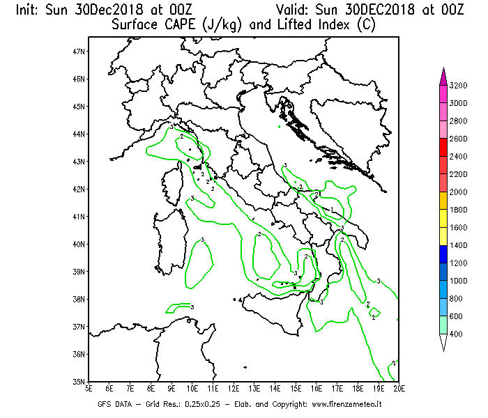 Mappa di analisi GFS - CAPE [J/kg] e Lifted Index [°C] in Italia
							del 30/12/2018 00 <!--googleoff: index-->UTC<!--googleon: index-->