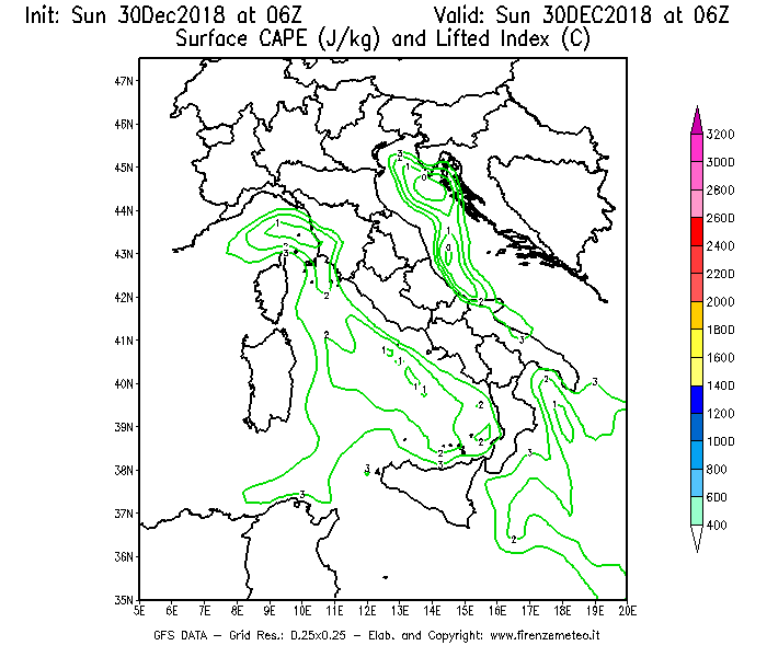 Mappa di analisi GFS - CAPE [J/kg] e Lifted Index [°C] in Italia
							del 30/12/2018 06 <!--googleoff: index-->UTC<!--googleon: index-->