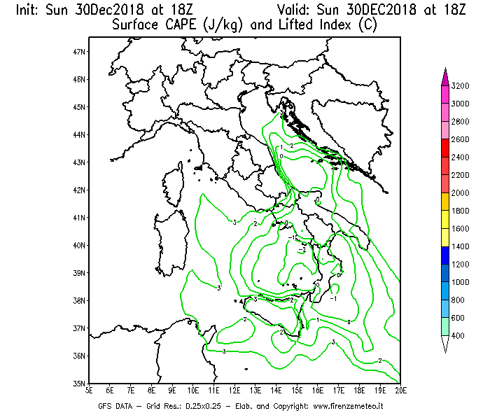 Mappa di analisi GFS - CAPE [J/kg] e Lifted Index [°C] in Italia
							del 30/12/2018 18 <!--googleoff: index-->UTC<!--googleon: index-->