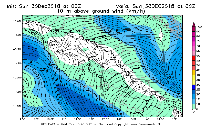 Mappa di analisi GFS - Velocità del vento a 10 metri dal suolo [km/h] in Centro-Italia
							del 30/12/2018 00 <!--googleoff: index-->UTC<!--googleon: index-->