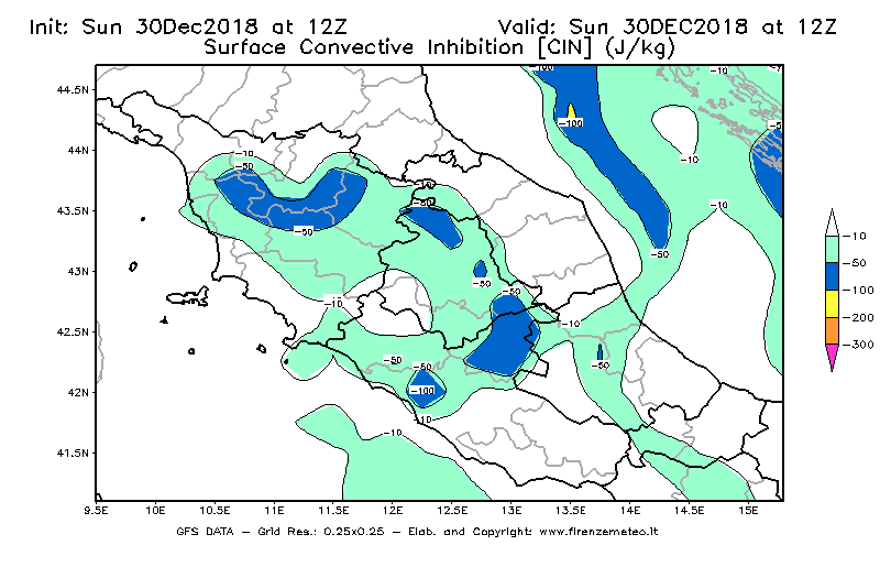 Mappa di analisi GFS - CIN [J/kg] in Centro-Italia
							del 30/12/2018 12 <!--googleoff: index-->UTC<!--googleon: index-->
