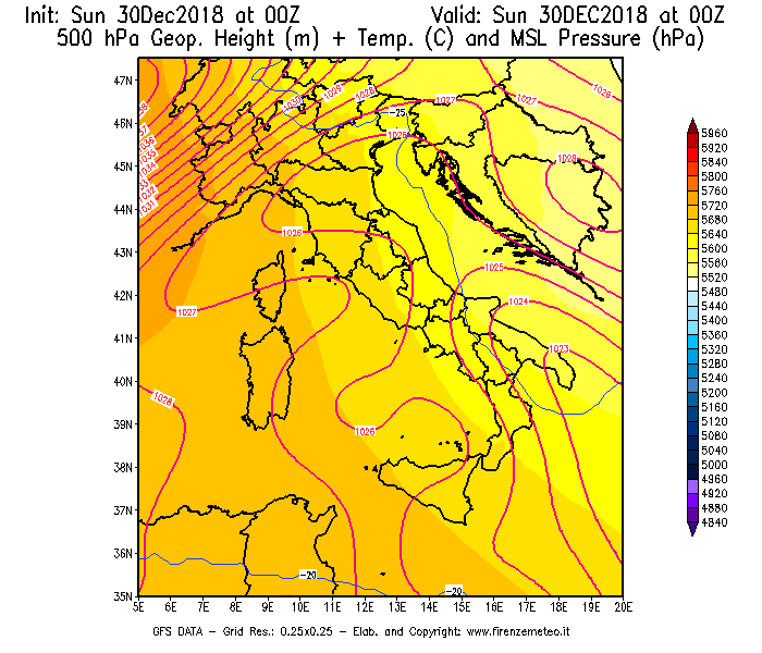 Mappa di analisi GFS - Geopotenziale [m] + Temp. [°C] a 500 hPa + Press. a livello del mare [hPa] in Italia
							del 30/12/2018 00 <!--googleoff: index-->UTC<!--googleon: index-->