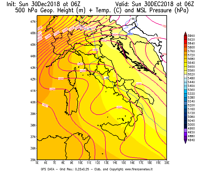 Mappa di analisi GFS - Geopotenziale [m] + Temp. [°C] a 500 hPa + Press. a livello del mare [hPa] in Italia
							del 30/12/2018 06 <!--googleoff: index-->UTC<!--googleon: index-->