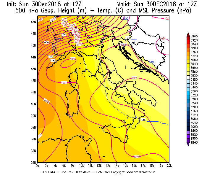 Mappa di analisi GFS - Geopotenziale [m] + Temp. [°C] a 500 hPa + Press. a livello del mare [hPa] in Italia
							del 30/12/2018 12 <!--googleoff: index-->UTC<!--googleon: index-->