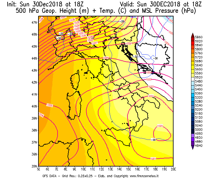 Mappa di analisi GFS - Geopotenziale [m] + Temp. [°C] a 500 hPa + Press. a livello del mare [hPa] in Italia
							del 30/12/2018 18 <!--googleoff: index-->UTC<!--googleon: index-->