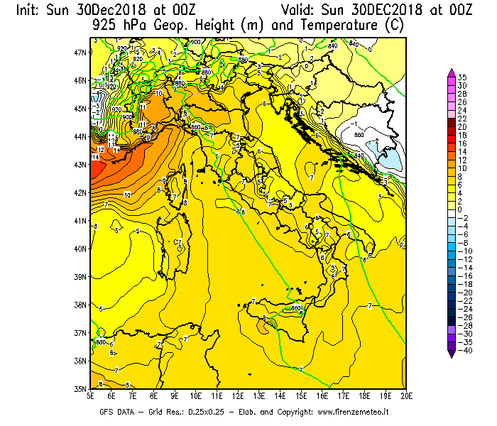 Mappa di analisi GFS - Geopotenziale [m] e Temperatura [°C] a 925 hPa in Italia
							del 30/12/2018 00 <!--googleoff: index-->UTC<!--googleon: index-->
