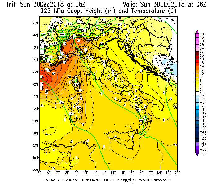 Mappa di analisi GFS - Geopotenziale [m] e Temperatura [°C] a 925 hPa in Italia
							del 30/12/2018 06 <!--googleoff: index-->UTC<!--googleon: index-->