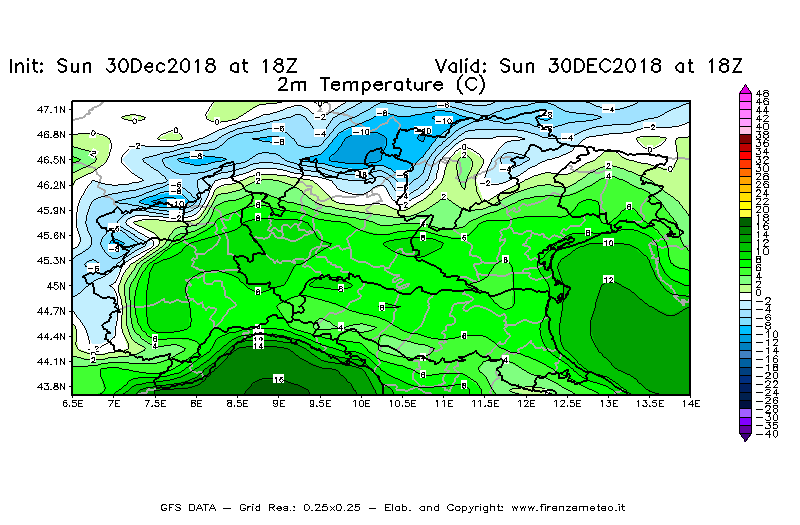 Mappa di analisi GFS - Temperatura a 2 metri dal suolo [°C] in Nord-Italia
							del 30/12/2018 18 <!--googleoff: index-->UTC<!--googleon: index-->
