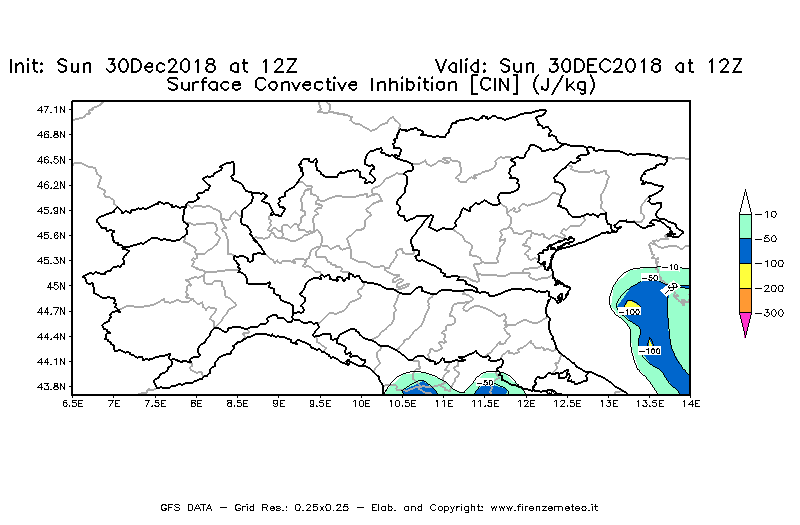 Mappa di analisi GFS - CIN [J/kg] in Nord-Italia
							del 30/12/2018 12 <!--googleoff: index-->UTC<!--googleon: index-->