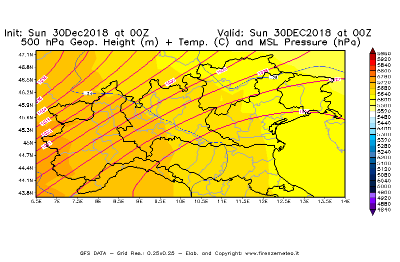 Mappa di analisi GFS - Geopotenziale [m] + Temp. [°C] a 500 hPa + Press. a livello del mare [hPa] in Nord-Italia
							del 30/12/2018 00 <!--googleoff: index-->UTC<!--googleon: index-->