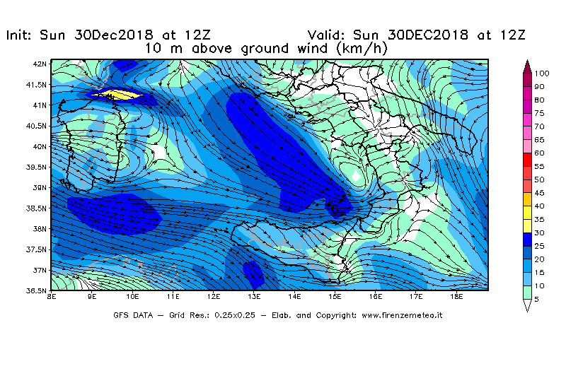 Mappa di analisi GFS - Velocità del vento a 10 metri dal suolo [km/h] in Sud-Italia
							del 30/12/2018 12 <!--googleoff: index-->UTC<!--googleon: index-->