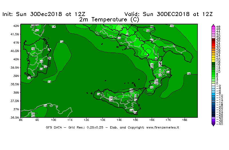Mappa di analisi GFS - Temperatura a 2 metri dal suolo [°C] in Sud-Italia
							del 30/12/2018 12 <!--googleoff: index-->UTC<!--googleon: index-->