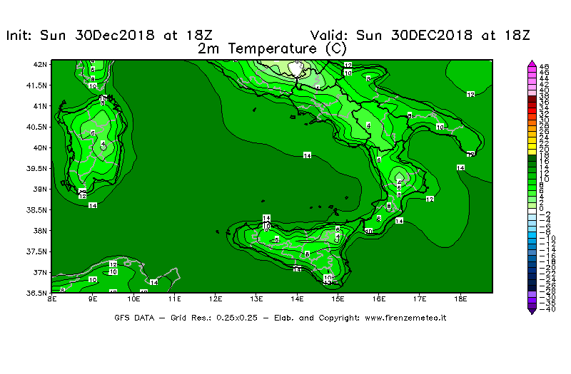 Mappa di analisi GFS - Temperatura a 2 metri dal suolo [°C] in Sud-Italia
							del 30/12/2018 18 <!--googleoff: index-->UTC<!--googleon: index-->