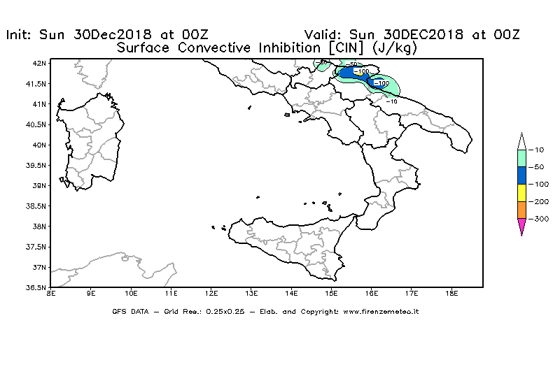 Mappa di analisi GFS - CIN [J/kg] in Sud-Italia
							del 30/12/2018 00 <!--googleoff: index-->UTC<!--googleon: index-->