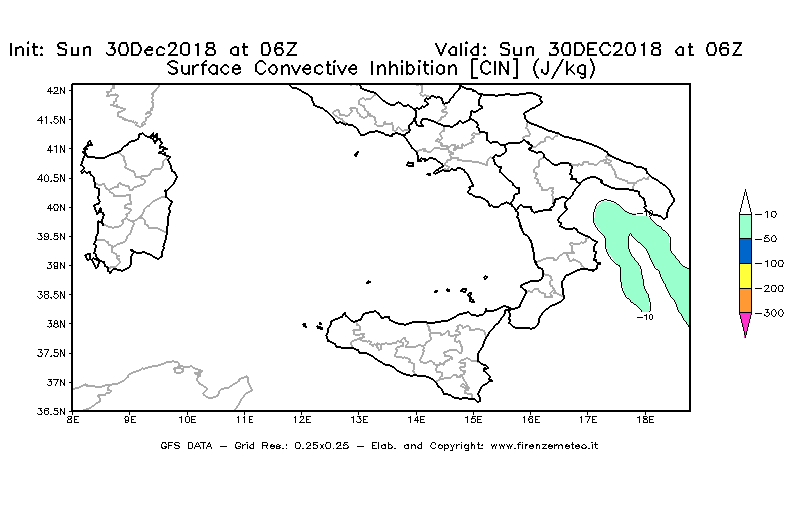 Mappa di analisi GFS - CIN [J/kg] in Sud-Italia
							del 30/12/2018 06 <!--googleoff: index-->UTC<!--googleon: index-->