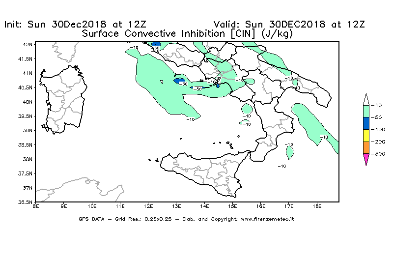 Mappa di analisi GFS - CIN [J/kg] in Sud-Italia
							del 30/12/2018 12 <!--googleoff: index-->UTC<!--googleon: index-->