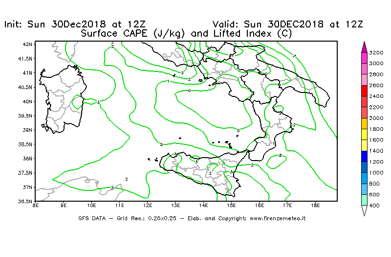 Mappa di analisi GFS - CAPE [J/kg] e Lifted Index [°C] in Sud-Italia
							del 30/12/2018 12 <!--googleoff: index-->UTC<!--googleon: index-->